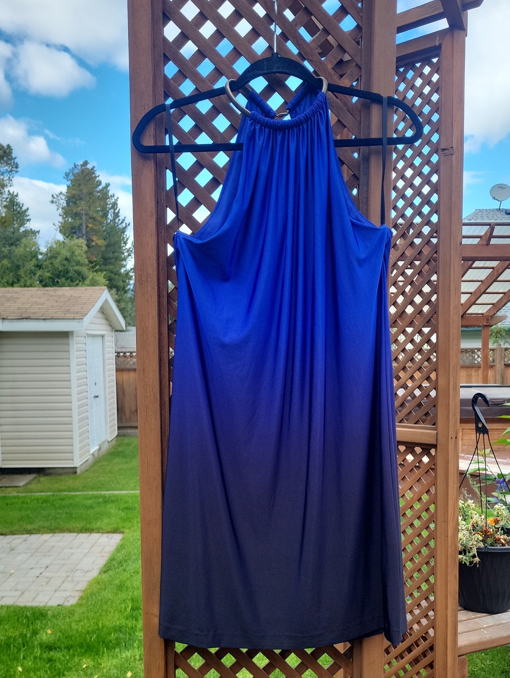 Xscape Halter Mini Dress in Royal Blue to Black Ombre